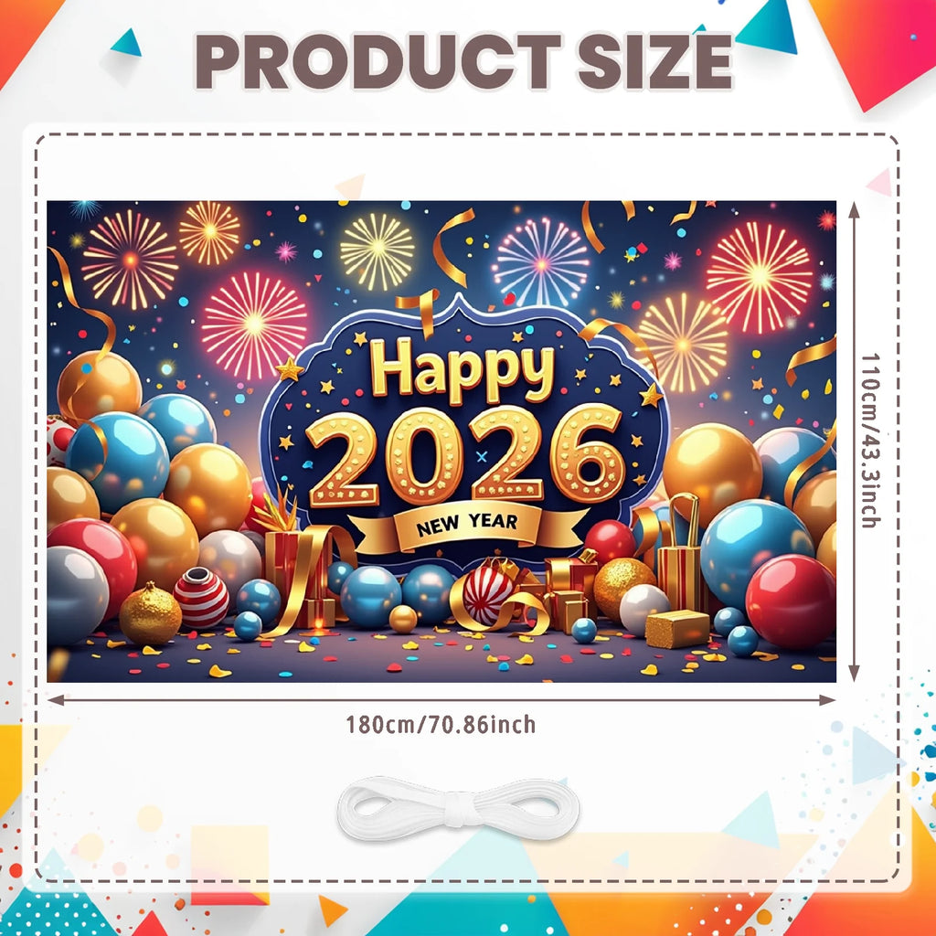 Happy New Year 2026 Party Decoration Backdrop New Year Champagne Clock Christmas Banner New Year Party Supplies Photo Background Oasis Select 1A-180X110cm