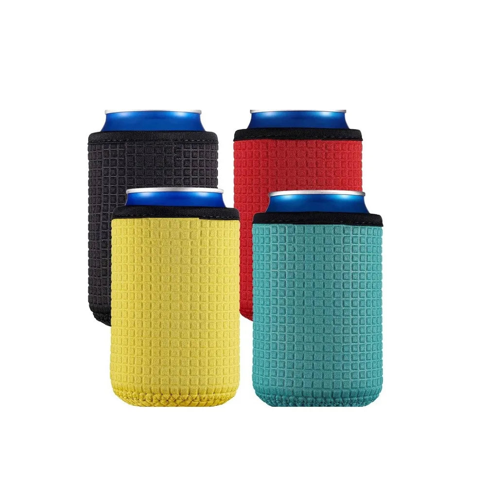 4PCS Non-slip Can Cooler Sleeves Neoprene Elastic Cup Insulated Sleeve Washable Square Pattern Bottle Insulated Cover Summer Oasis Select 4 Pcs