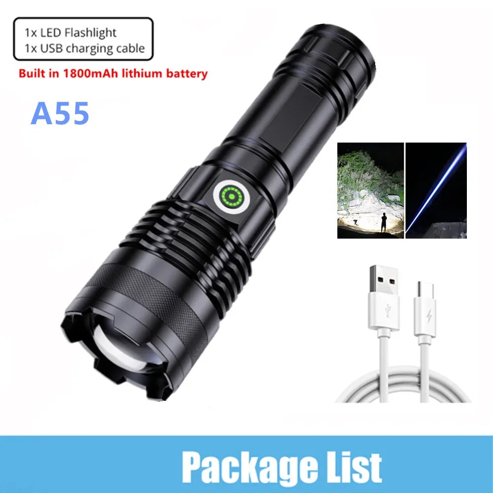 100000 Lumen Super Bright Spotlight Long Range LED Flashlight Built-in Battery USB Charging Waterproof Portable Camping Torch Oasis Select A55 black LITHIUM ION