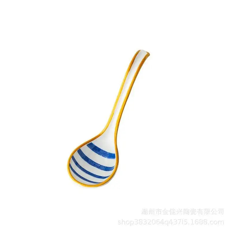 Japanese Style Spoon Ceramic Soup Spoon Daily Ceramic Soup Spoon Ramen Extended Handle Small Spoon Bent Spoon Tableware Oasis Select Blue Line