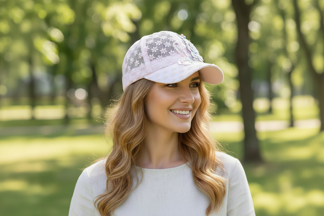 White Pink Lace Baseball Cap Embroidered Flowers Duck Tongue Breathable Baseball Cap Elegant Rebound Cap Hollow Out Baseball Cap Oasis Select
