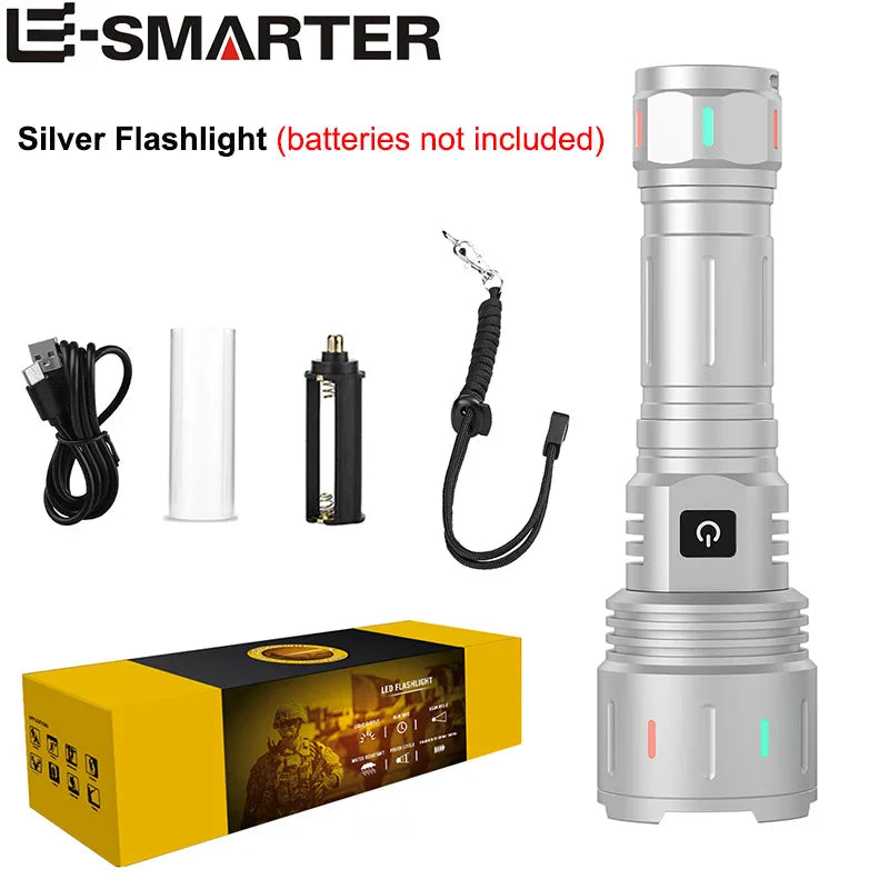New Search Zoom Flash Light Super Bright LED Flashlight 5 Modes Zoomable Waterproof Outdoor Home Camping Hiking Tactical Torches Oasis Select Silver (NO Battery)