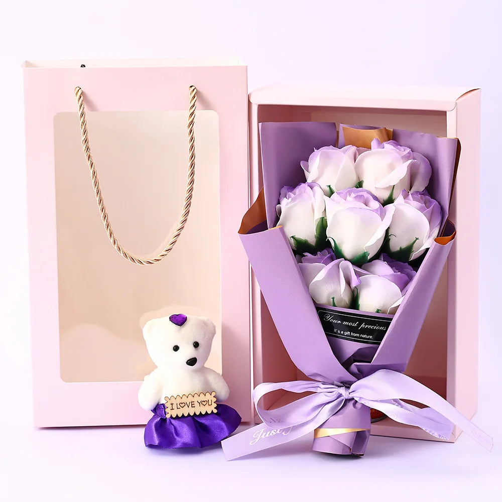 Romantic Fake Rose Bouquet in Gift Box with Cute Teddy Bear Premium Soap Flower Arrangement Perfect Gift for Valentine's Day Oasis Select H