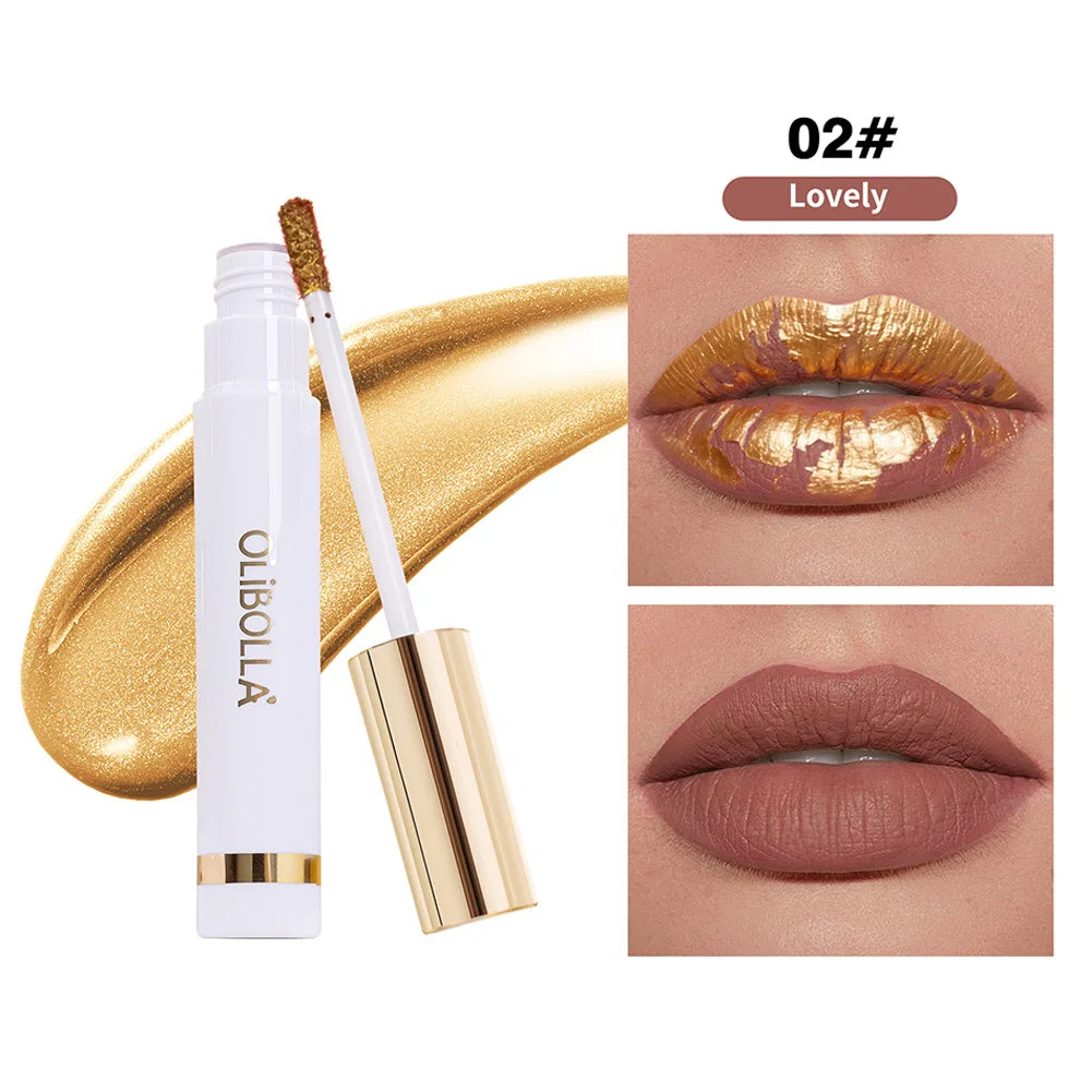 Lip Stain Liquid Lipstick, 4 Colors Dual-use Matte Base & Metallic Gold Flake Top Coat, Long Lasting Shimmer Lip Makeup Oasis Select 02 Lovely