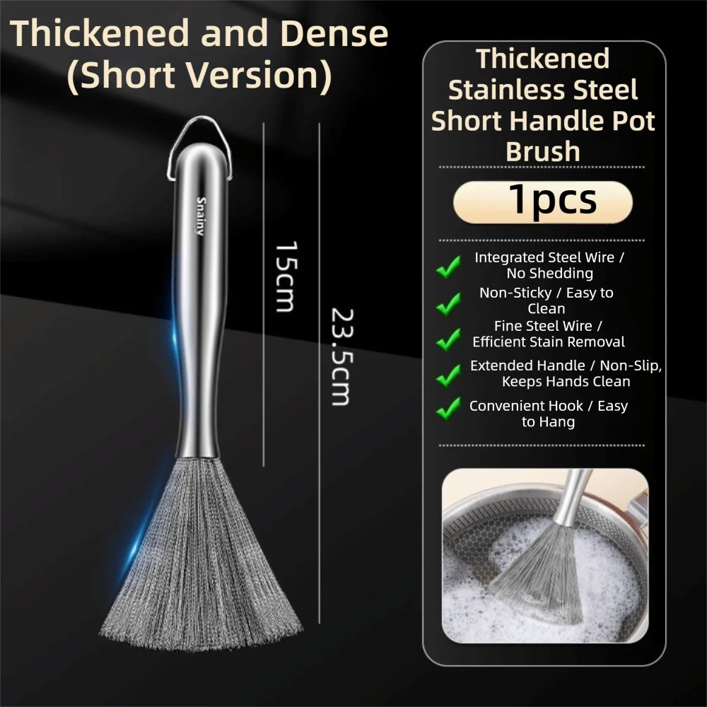 Stainless Steel Kitchen Cleaning Brush Long Handle Anti-Rust Dish Washing Brush One-piece Molded Steel Wire Pot Cleaning Tool Oasis Select short