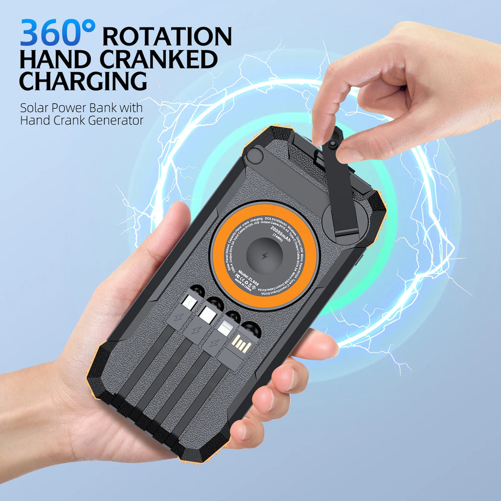 20000mAh Solar Power Bank, Hand Crank & Wireless Charging, 3 Inputs 4 Outputs, Emergency LED Light, Built-in Compass Oasis Select