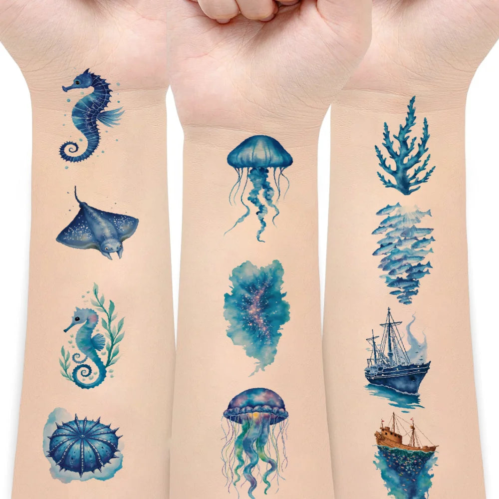 63-Piece Watercolor Sea Creature Temporary Tattoo Stickers