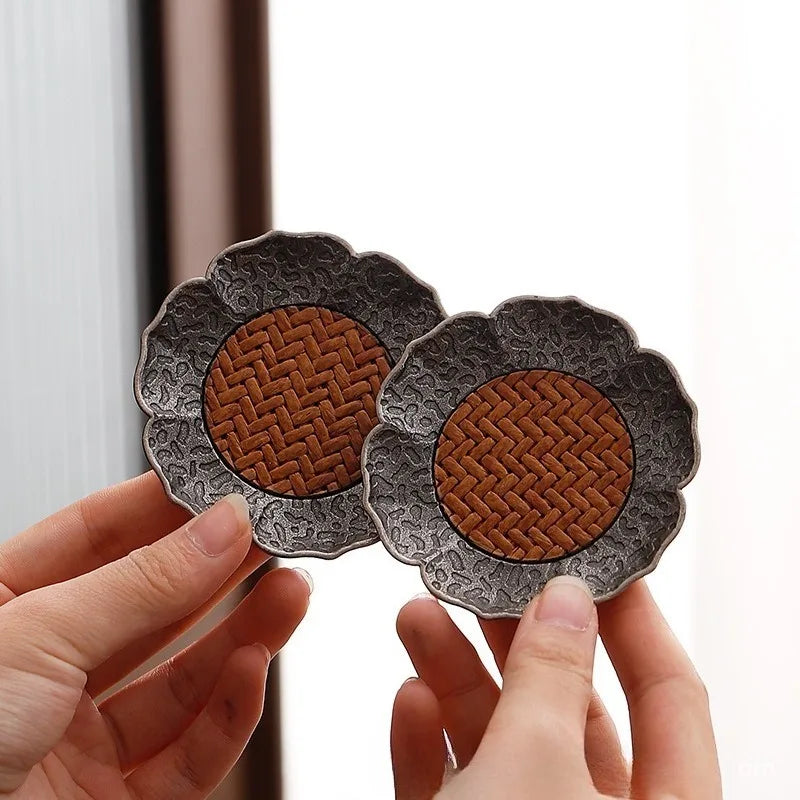 2pcs Chinese Hammer Patterned Alloy Rattan Mat Water Cup Pad Retro Rattan Woven Lotus Cup Holder Heat Insulation Pad Tea Set Pad Oasis Select