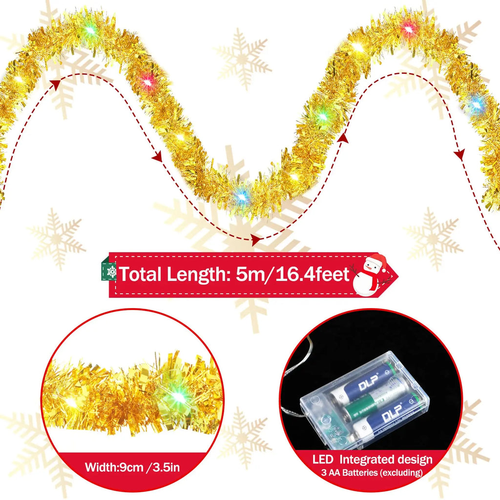 LED Christmas Tinsel Garland Artificial DIY Christmas Garland With LED Lights Xmas Metallic Twist Hanging Garland Fireplace 5m Oasis Select