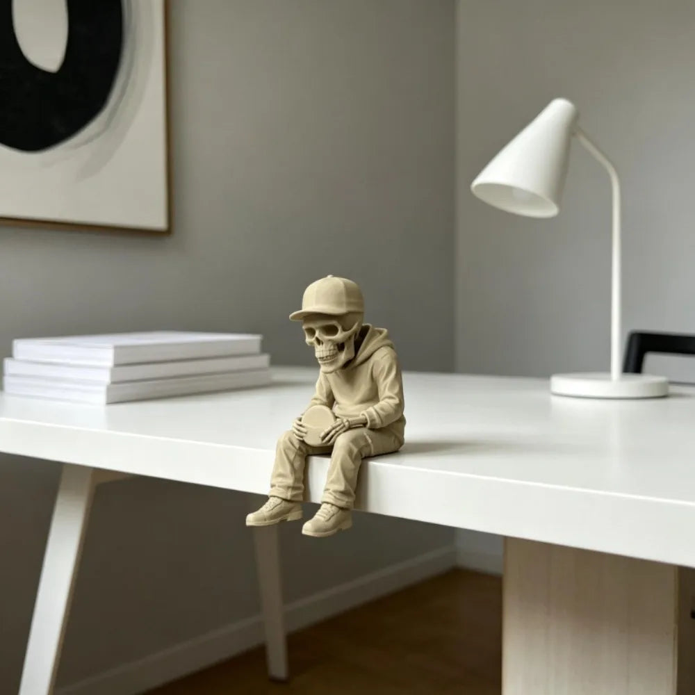 Frisbee Skull Figurine 3D Printing Casual Sitting Edge Sitter Statue Modern Gothic Ornaments for Home Office Desktop Shelf Decor Oasis Select