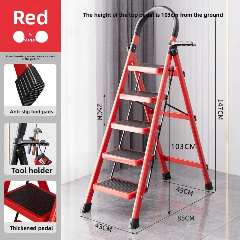 Herringbone Ladder Household Ladder Folding Telescopic Multifunctional Indoor Stairs Thickened Climbing Ladder Escalator Oasis Select C-Red-5
