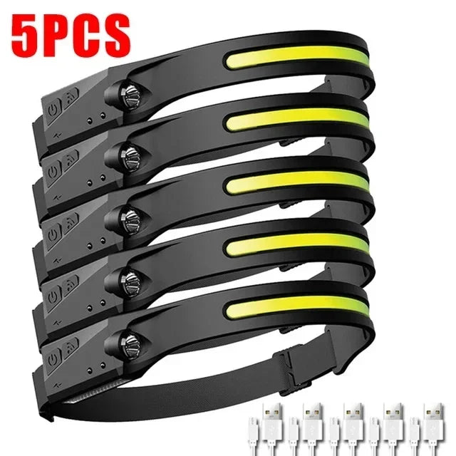 Powerful Induction COB LED Headlamp Built-in Battery USB Rechargeable Head Torch Outdoor Waterproof Camping Fishing Headlight Oasis Select Packing B 5PCS