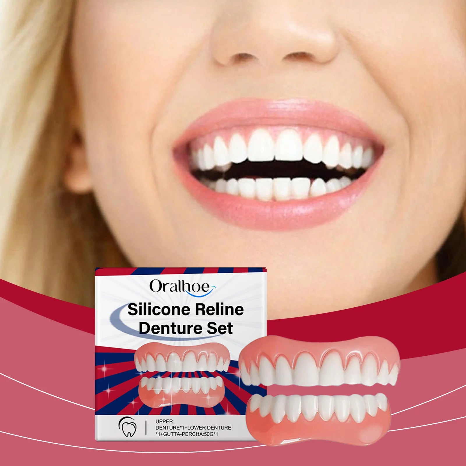 Silicone Denture Set Upper Lower Veneers False Teeth Braces Adjustable Perfect Smile Soft Comfortable Teeth Orthodontic Adults Oasis Select