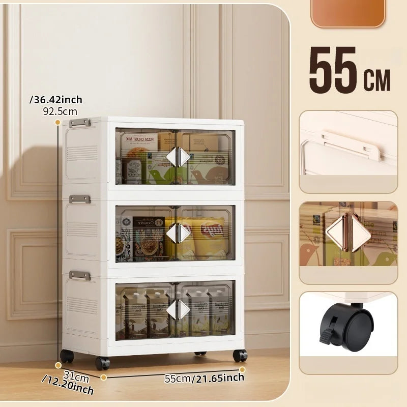 Foldable 55cm Width Plastic Storage Box Wheeled Multi-layer Clothing Cabinet Organizer for Books/Kitchen Supplies/Wears Oasis Select 55cm-White-3 Layers