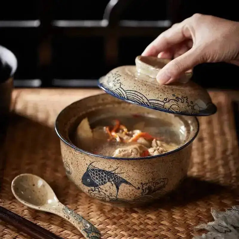 Japanese Instant Ramen Bowl With Lid Retro Ceramic Large Capacity Noodle Salad Soup Bowls Household KitchenTableware Supplies Oasis Select