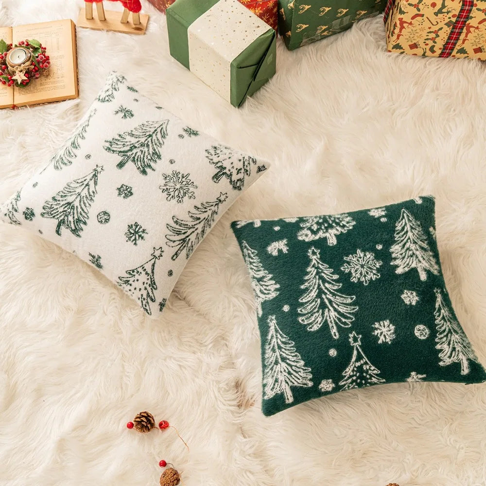 Christmas Tree Knitted Plush Pillowcase | Festive Cushion Cover