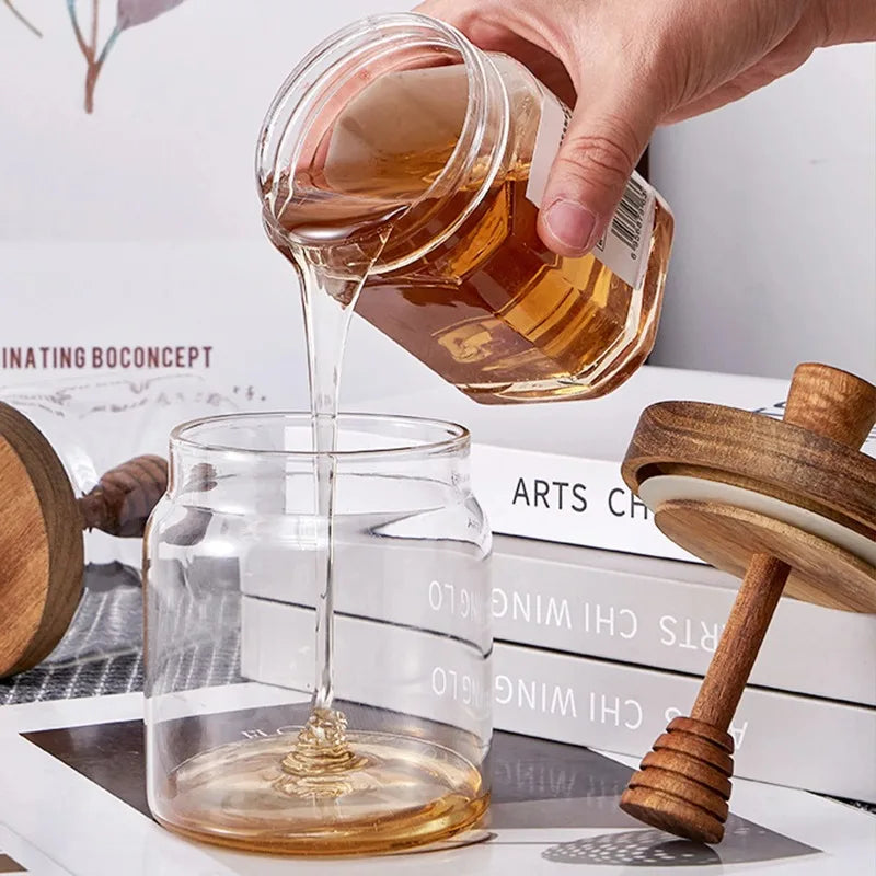 High Borosilicate Glass Honey Jar Made of Solid Wood with Stirring Rod Jam Food Storage Jar Stylish Wooden Lid Durable Oasis Select