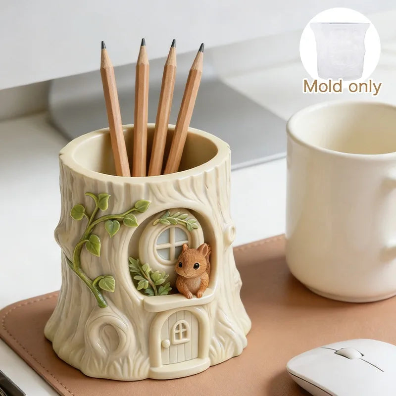 Fairy Tale Tree Stump Squirrel Planter Silicone Mold DIY Cement Resin Succulent Pot Desktop Decor Garden Ornament Oasis Select