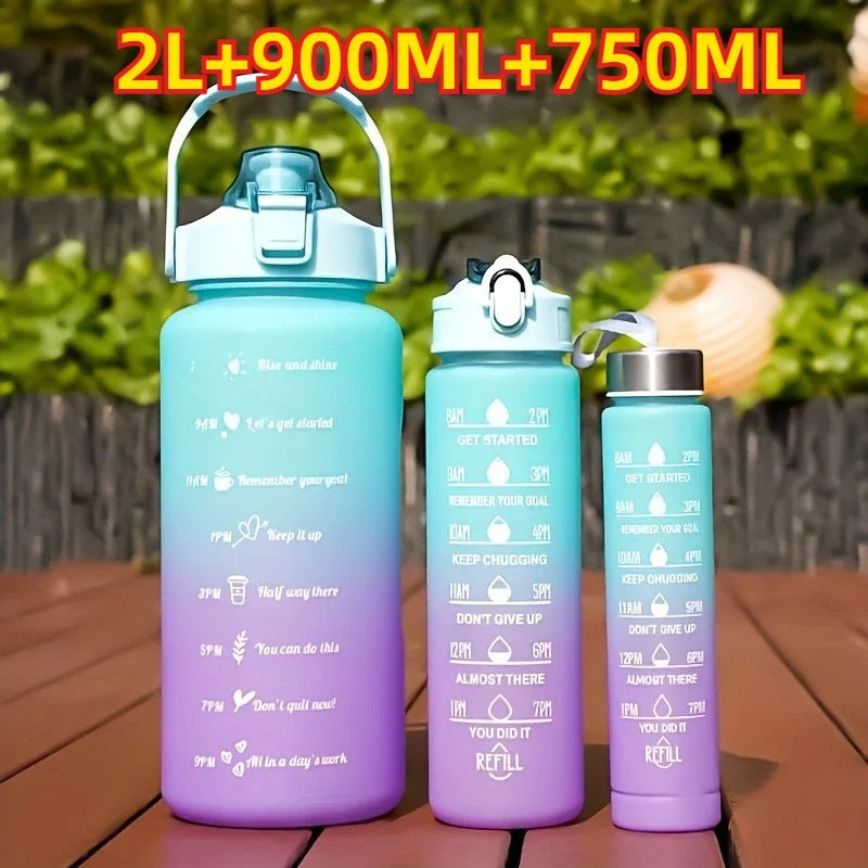 1-3PCS Sports Water Bottle for Running Drinking Bottle 2L Motivational with Time Marker Stickers Portable Reusable Plastic Cups Oasis Select 3pcs-green purple Select style
