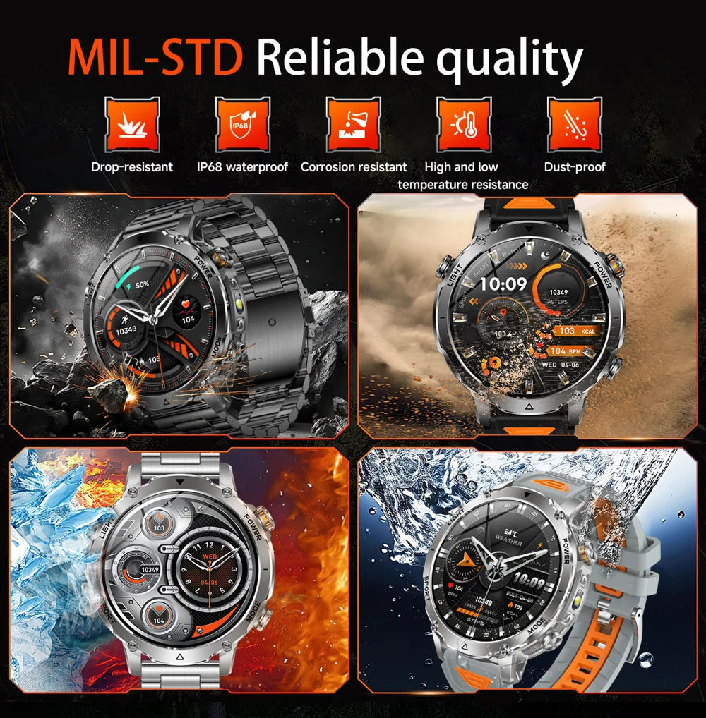 Military 1400mAh Battery Smart Watch Men Outdoor Flashlight Waterproof Heart Rate BT Call Sports Bracelet Health Smartwatch SOS Oasis Select