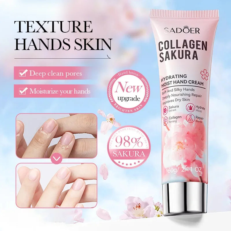 SADOER Sakura Collagen Hand Cream Moisturizing & Nourishing, Brightening Care, Anti-Wrinkle Anti-Crack Cream for Hands 60G Oasis Select