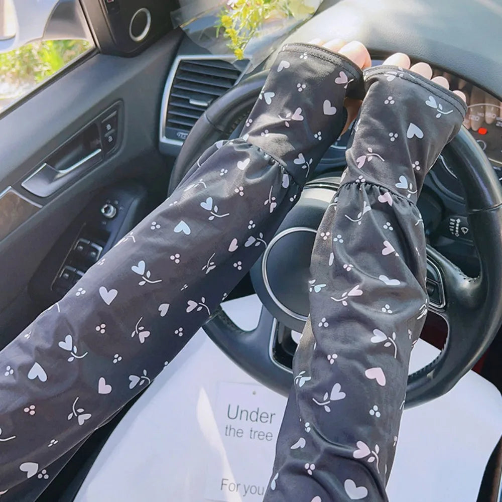 Breathable Ice Silk Sleeve Loose Fit Love Flower Print Sun Protection Sleeves Cooling Material UV Protection Sleeves Cycling Oasis Select Black