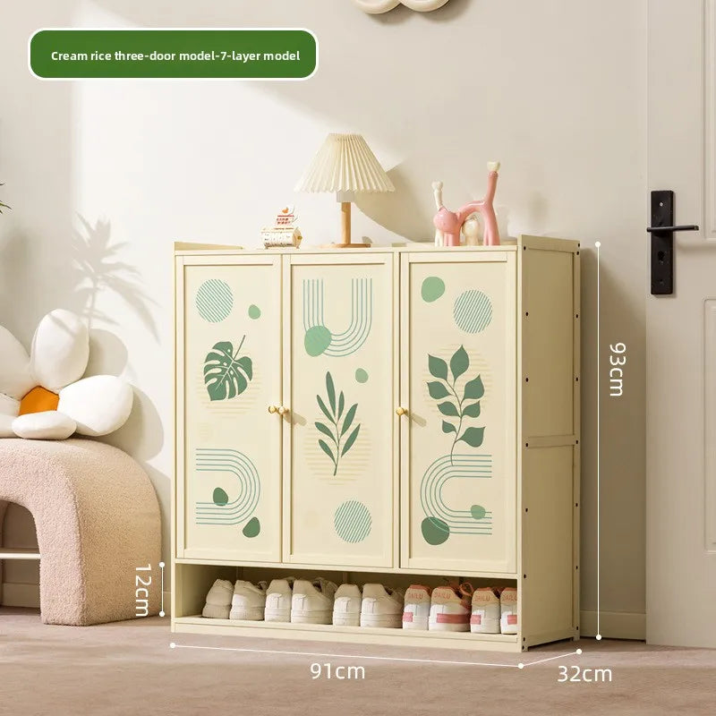 Cream style shoe cabinet Solid wood household door wabi-sabi style foyer cabinet Modern simple large-capacity balcony locker Oasis Select 3-7