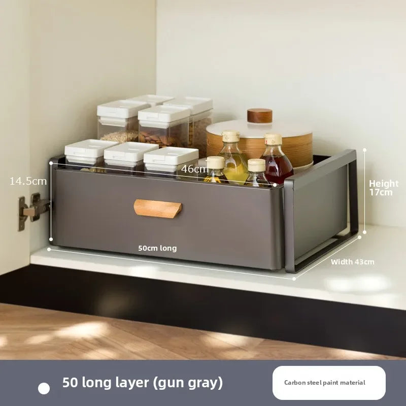 Multi-functional Kitchen Lower Sink Shelf Seasoning Dishes Pull-out Storage Box Sink Storage Rack Cabinet Pull Basket Layer Rack Oasis Select Grey A-1-50