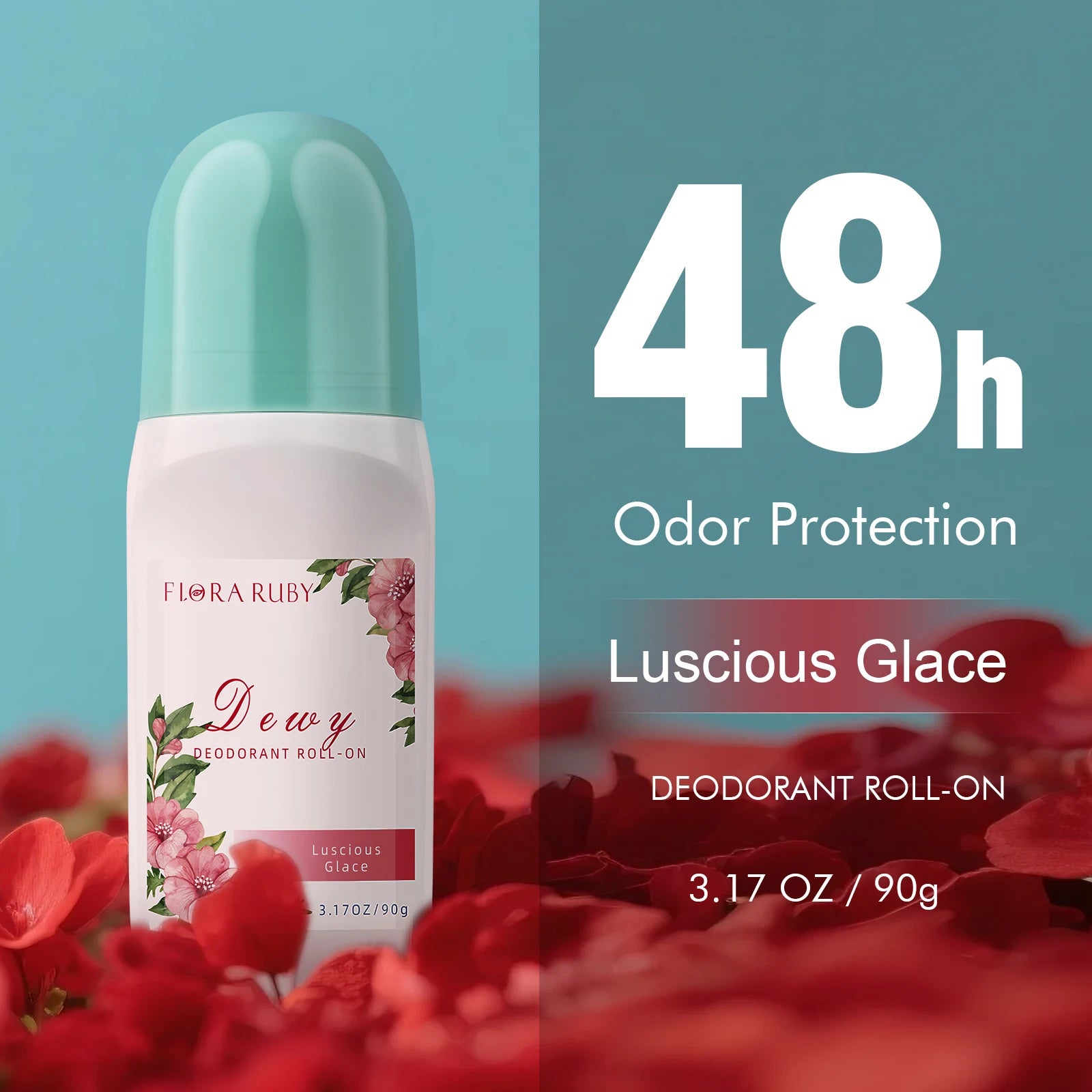Flora Ruby Aluminum Free Deodorant Roll On 48h Odor Protection Stick, 4.3 OZ Each, Fade off Odors, Underarm Deodorizer Oasis Select Romantic Amber