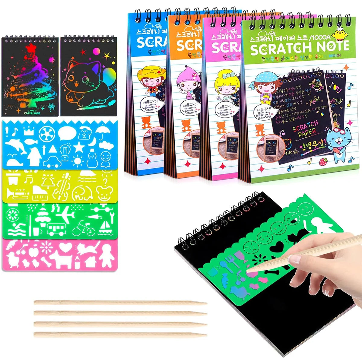 12 PCS Scratch Art Set 4 Rainbow Mini Notebooks 4 Stencil Sheets 4 Wooden Stylus Fun Drawing, Party Favors Creative Gifts Oasis Select