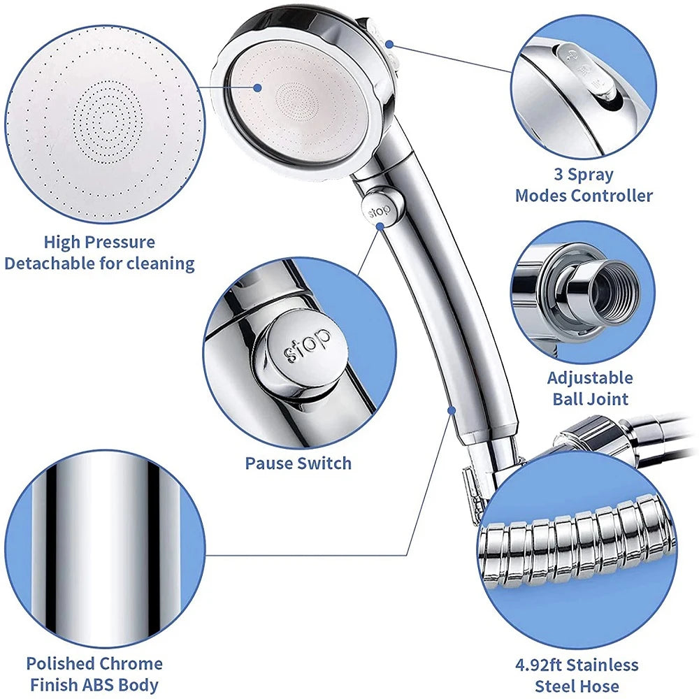 High Pressure Bathroom Shower Head 3 Modes Adjustable Water Saving Rain Luxury Home Hotel Silver Sprayer Bathroom Accessories Oasis Select