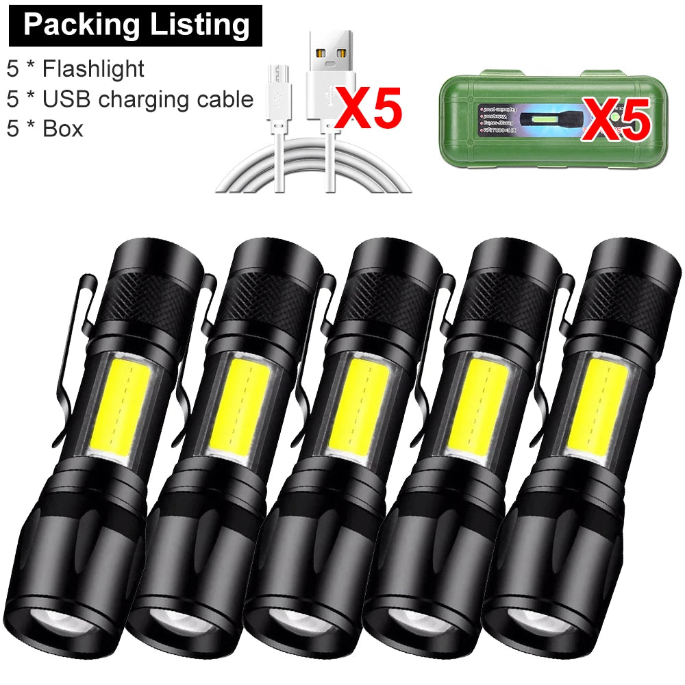 Mini Rechargeable LED Flashlight COB+XPE Portable Torch Camping Lantern Zoomable Focus Light Tactical Flashlight with Pen Clip Oasis Select 5PCS With Box Built in battery