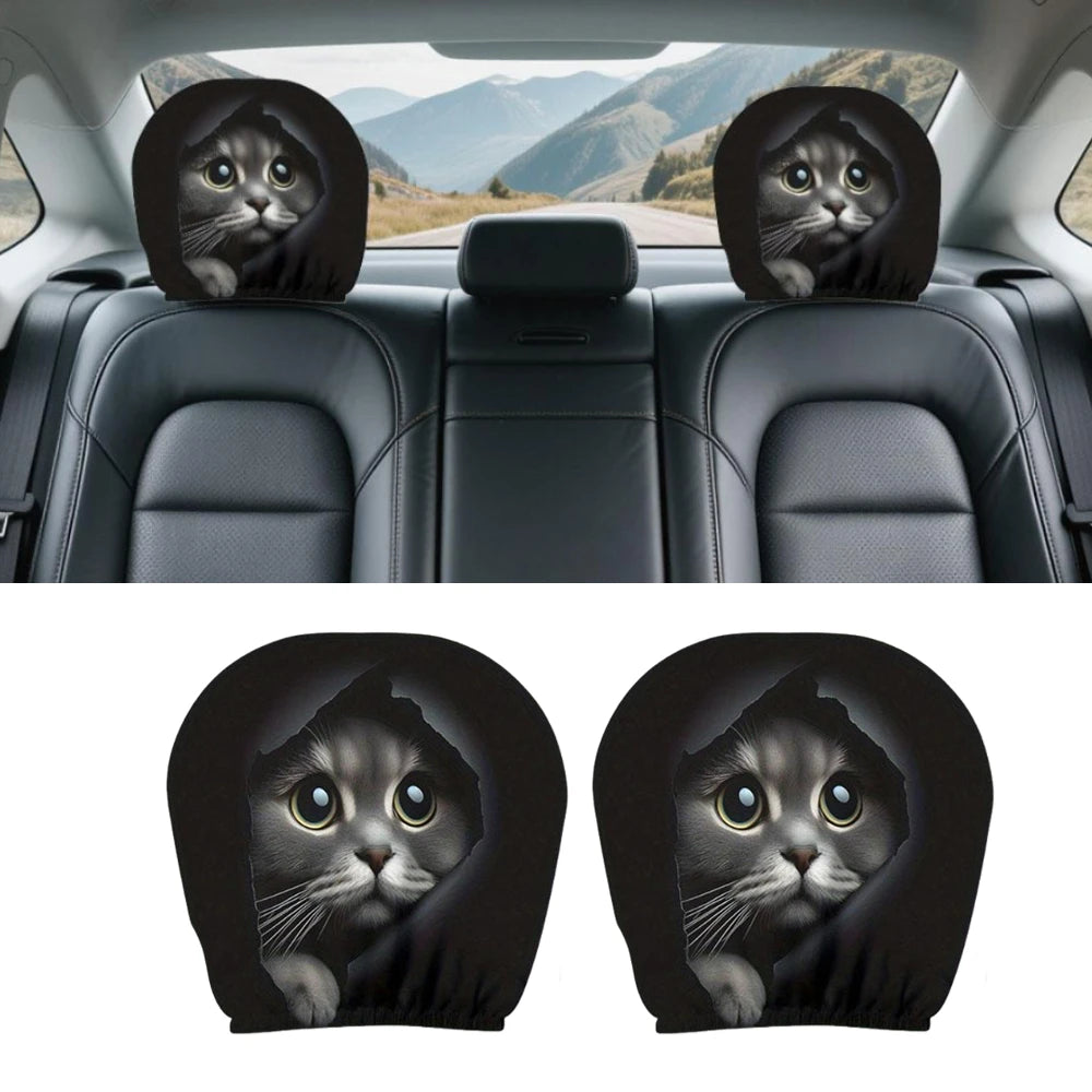 2 pieces of realistic car headrest covers with cute cats showing their faces, washable and stretchable, car interior decoration Oasis Select