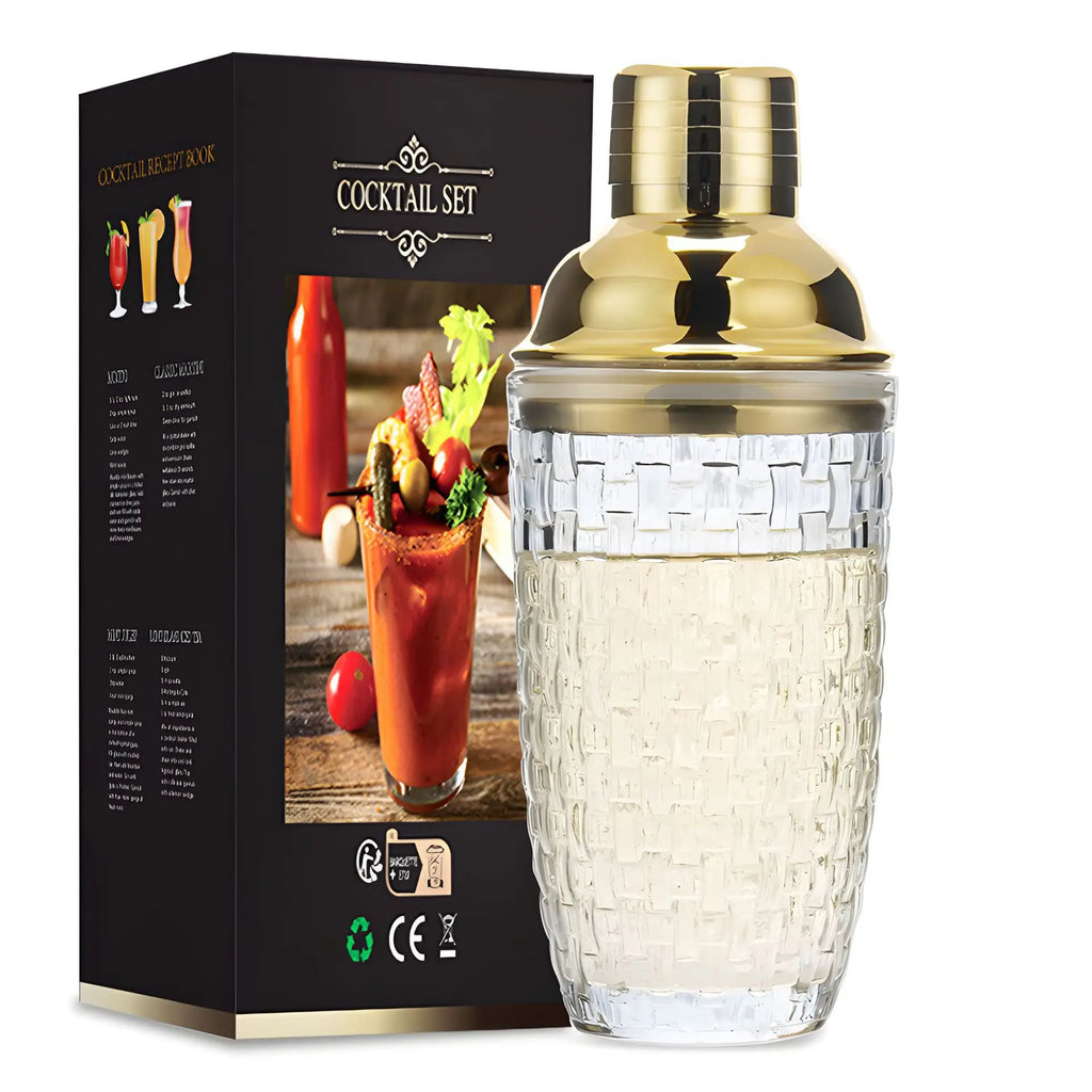 Glass Cocktail Shaker Kit Crystal Cocktail Shaker, 17oz Martini Shaker with Leakproof Metallic Steel Lid&Strainer for Home Oasis Select A-Golden