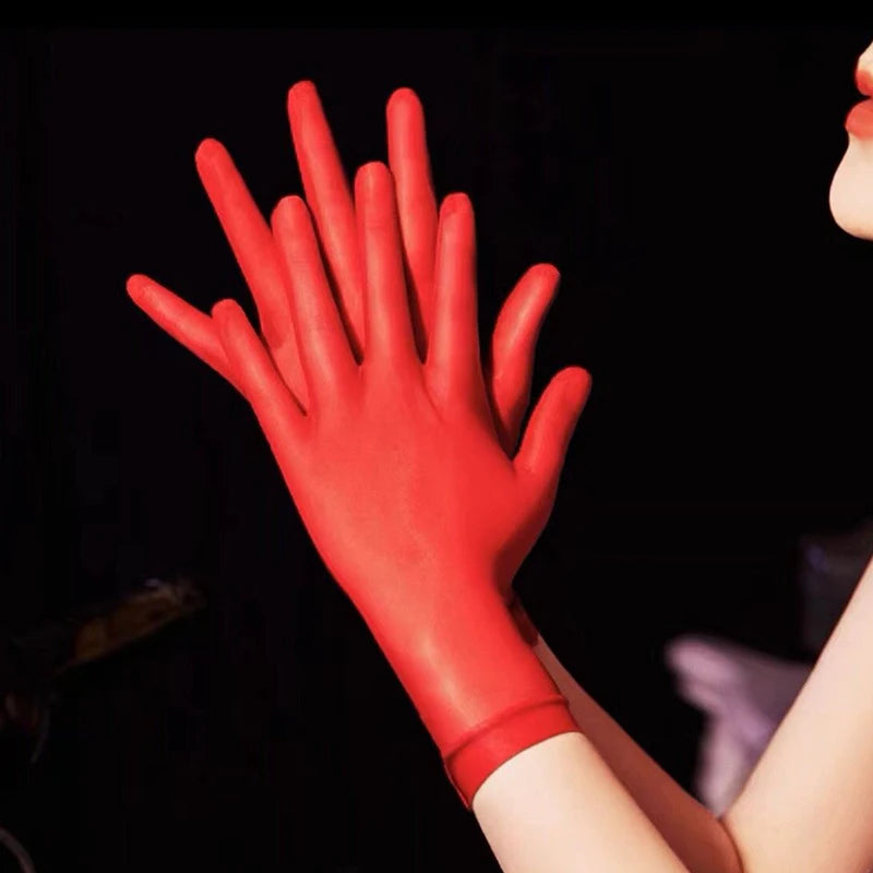 Women Oil Glossy Tight Stocking Gloves Sexy High Elastic Transparent Ultra-Thin Clubwear Short Wrist Gloves Oasis Select red round edge
