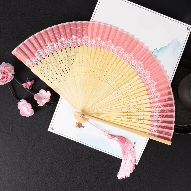 Chinese Style Folding Folding Fan Change Color With Tassel Dance Fan Silk Cloth Bamboo Summer Oasis Select Pink