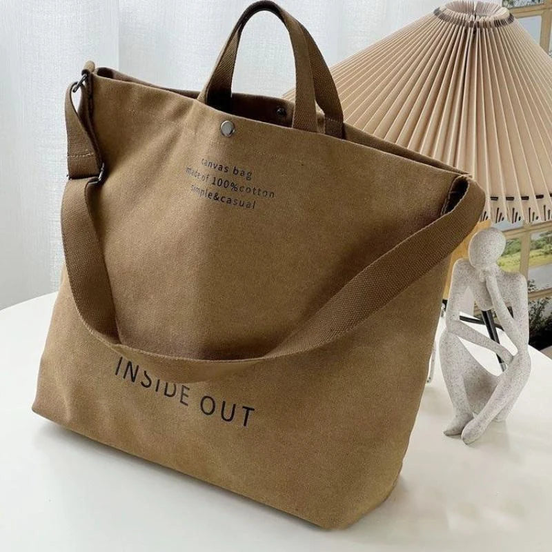 1Pcs Beige Canvas Tote Bag Adjustable Strap Large Capacity Shoulder Bag For School Commute Shopping Travel Oasis Select B