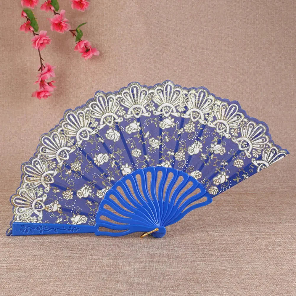 23 Colors Lace OR Cloth Spanish Fabric Silk Folding Hand Held Dance Fan Flower Party Wedding Prom Dancing Summer Fan Accessories Oasis Select Blue