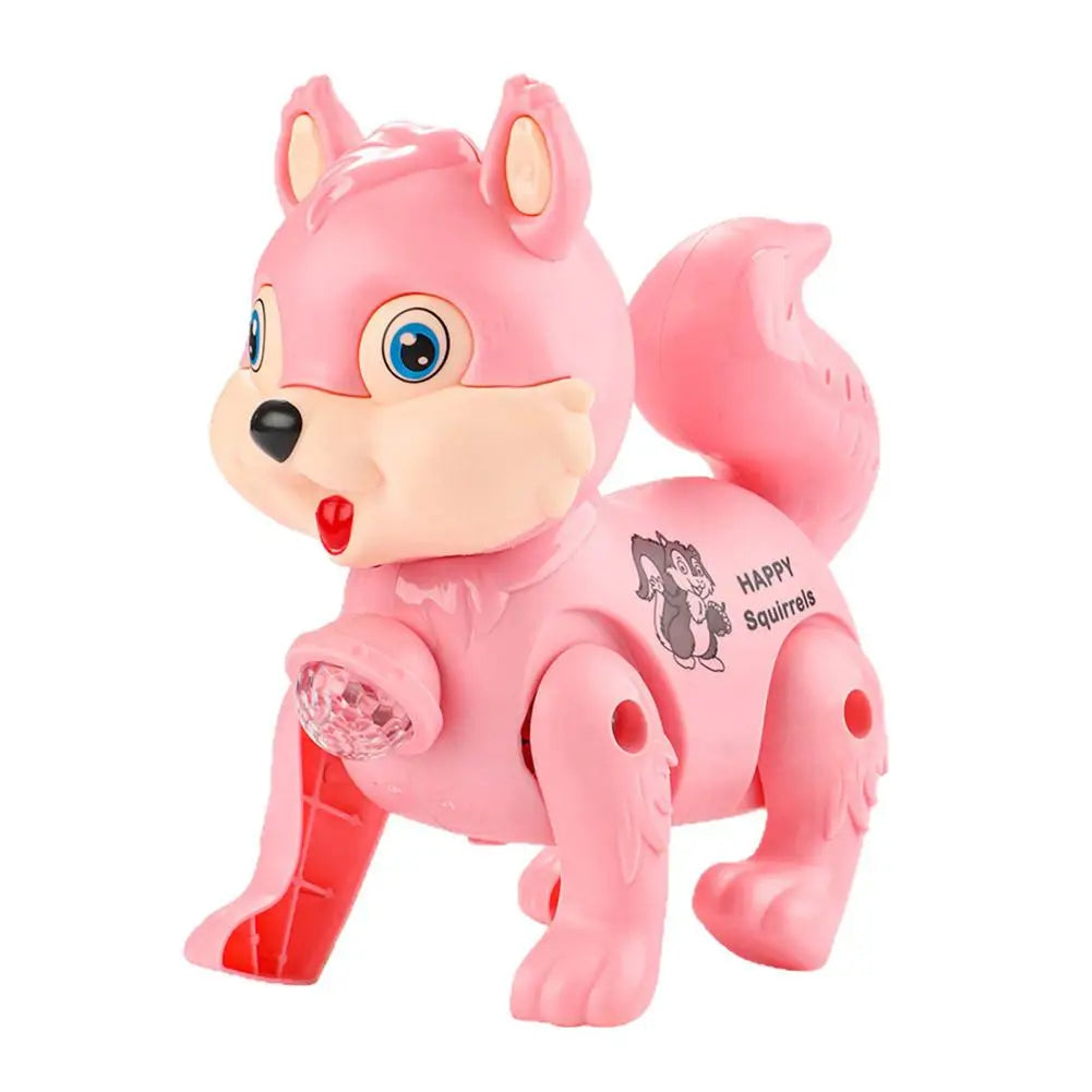 Cute Electric Squirrel Walking Toy with Pulling Leash Flashing Led Light Dynamic Music Interactive Sensory Toy for Kids Oasis Select Pink