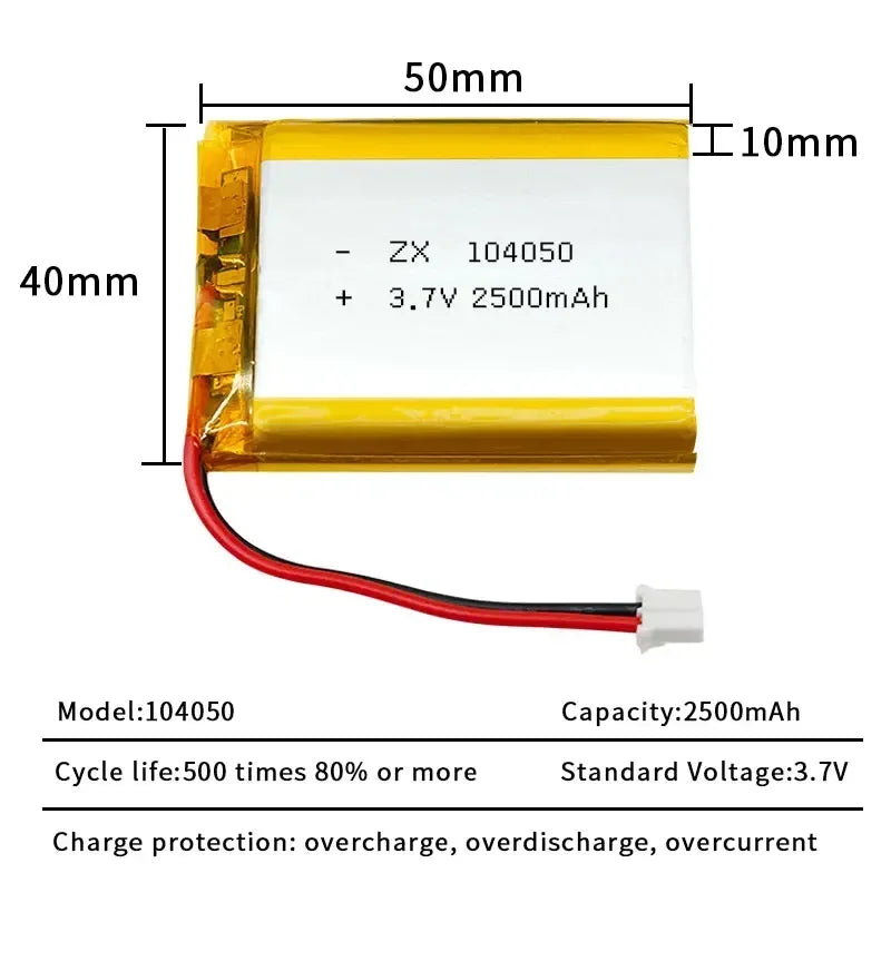 Rechargeable 104050 3.7V Large Capacity 2500mAh Li-Po Battery Lithium Polymer Lipo Cells for GPS MP3 4 5 Driving Recorder Camera Oasis Select 50 PCS