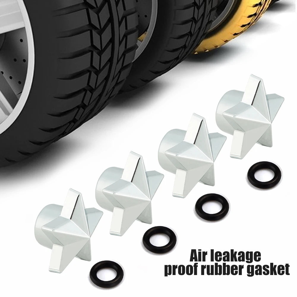 AQTQAQ 4Pcs/Set Tire Stem Valve Caps Universal Pentagram Shaped Wheel Tyre Air Valve Stem Caps Dust Covers Oasis Select
