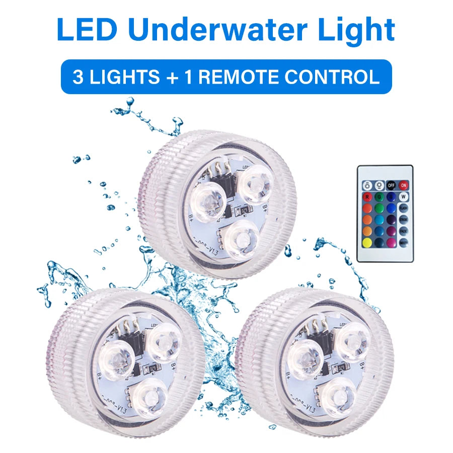 RGB LED Underwater Light With Remote Control Battery Powered 3LEDs Submersible Lamp Waterproof For Swimming Pool Garden Party Oasis Select 3Lamps 1Remote