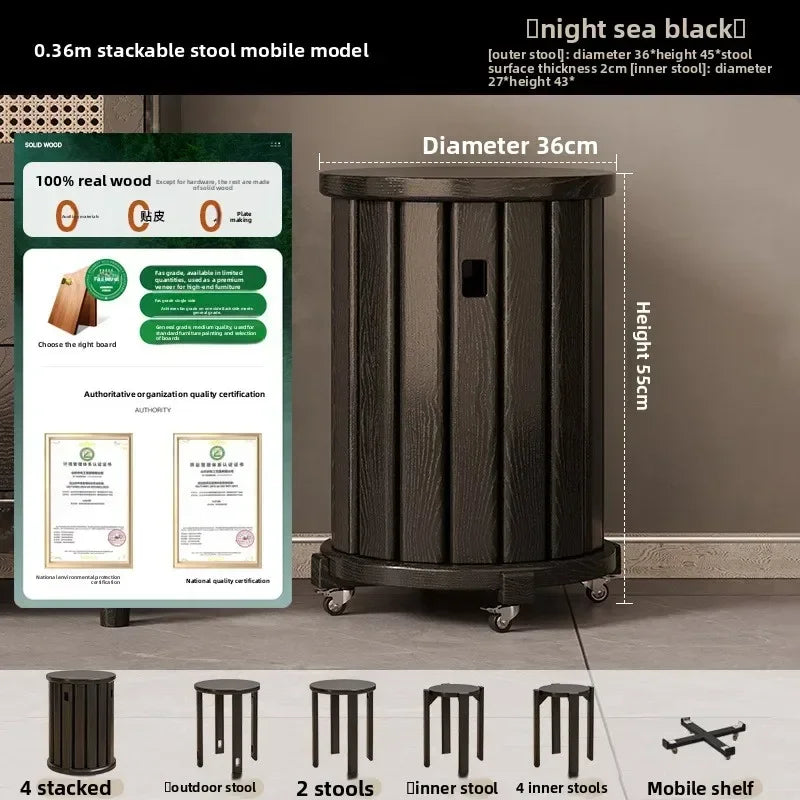 Household stools can be stacked solid wood round stools stacked low stools with pulleys wooden stools sturdy and durable Oasis Select Black-4A