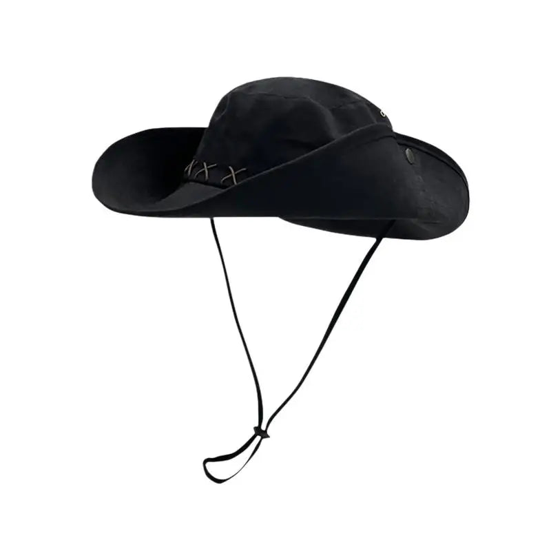 Wide Brim Retro Western Cowboy Hat Unisex Sun Protection Outdoor Hiking Camping Fishing Hat with Adjustable Chin Strap Oasis Select Black