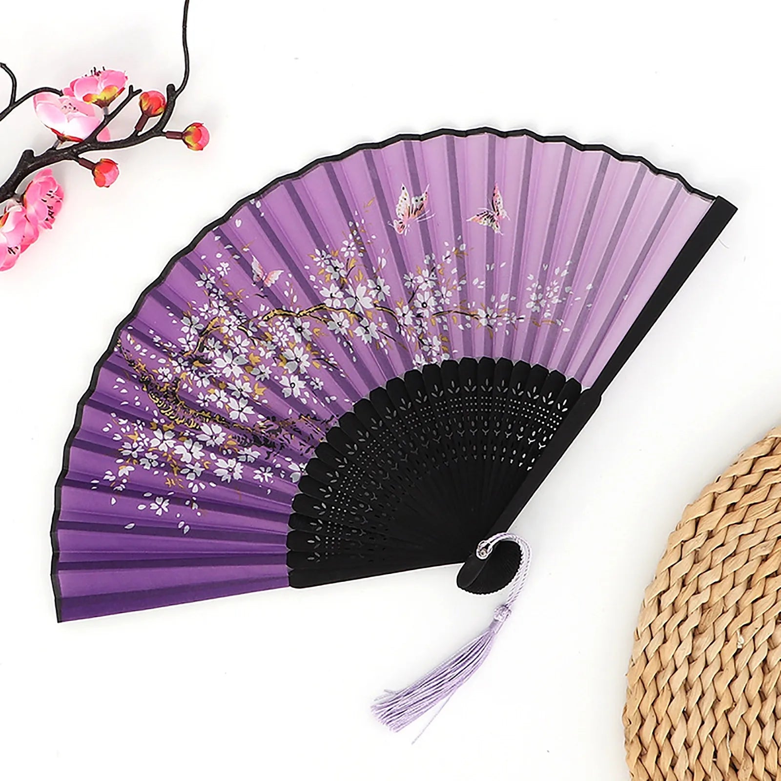 Vintage Silk Folding Fan Chinese Japanese Art Crafts Gift Home Decorations Dance Hand Fan Bamboo Room Decor Wood Fans Oasis Select O One Size