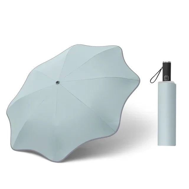 Creative Three Fold Automatic Round Corner Reflective Umbrella Wrapped Edge Sunny Rain Dual Use Vinyl Umbrella Oasis Select Sky Blue 8K metal-fiber composite