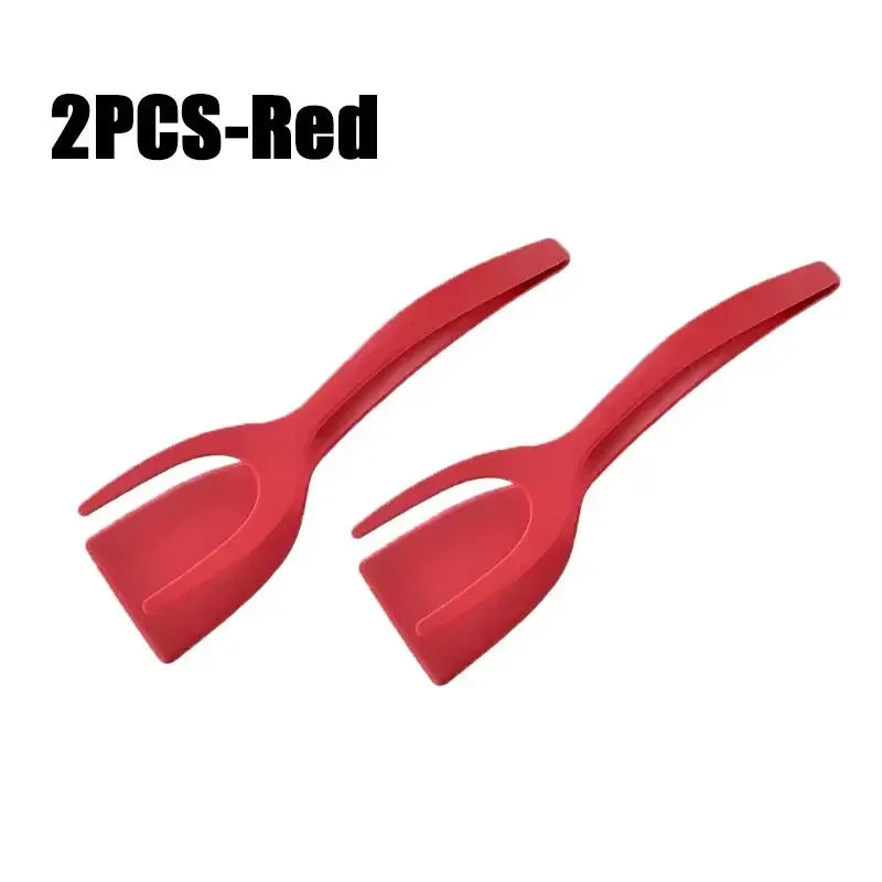 2 in 1 Shovel Clip Silicone Grip Flip Tongs Egg Steak Spatula Tongs Clamp Pancake Fried Turners Cooking Tool Kitchen Accessories Oasis Select 2PCS-Red