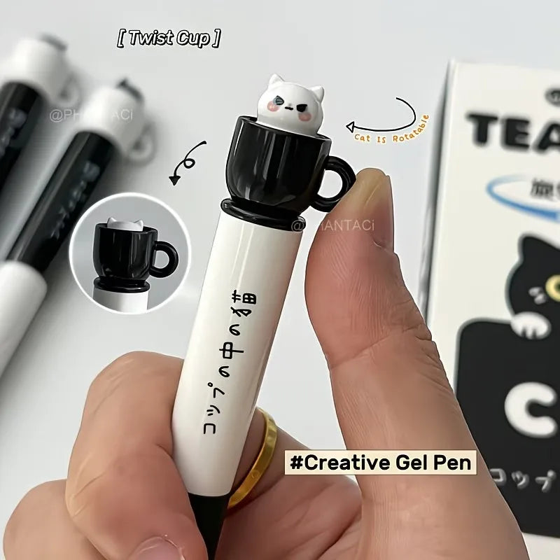 1/4pcs Cute cat-themed ballpoint pen - 0.5mm quick-drying black ink, twist-up design, ideal for office and school supplies. Oasis Select
