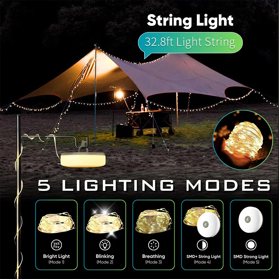 2 in 1 Rechargeable Camping String Light Outdoor String Light with 8 Lighting Modes Portable Outdoor String Lights for Camping Oasis Select