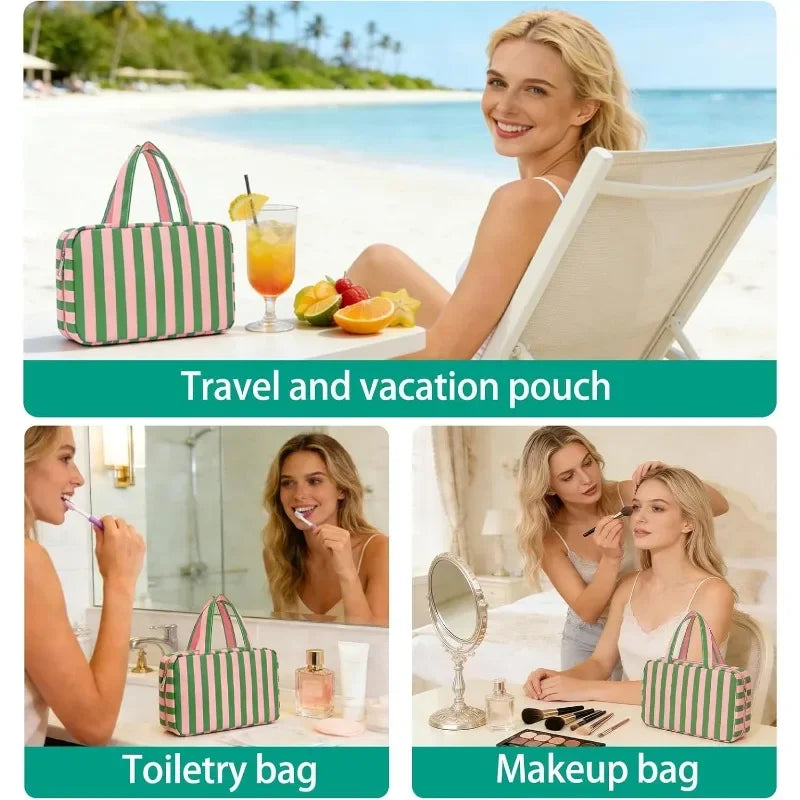 Collapsible Hanging Travel Cosmetic Pouch Striped Multi Compartment Design Wet Dry Separated Storage Bag Lightweight Organizer Oasis Select
